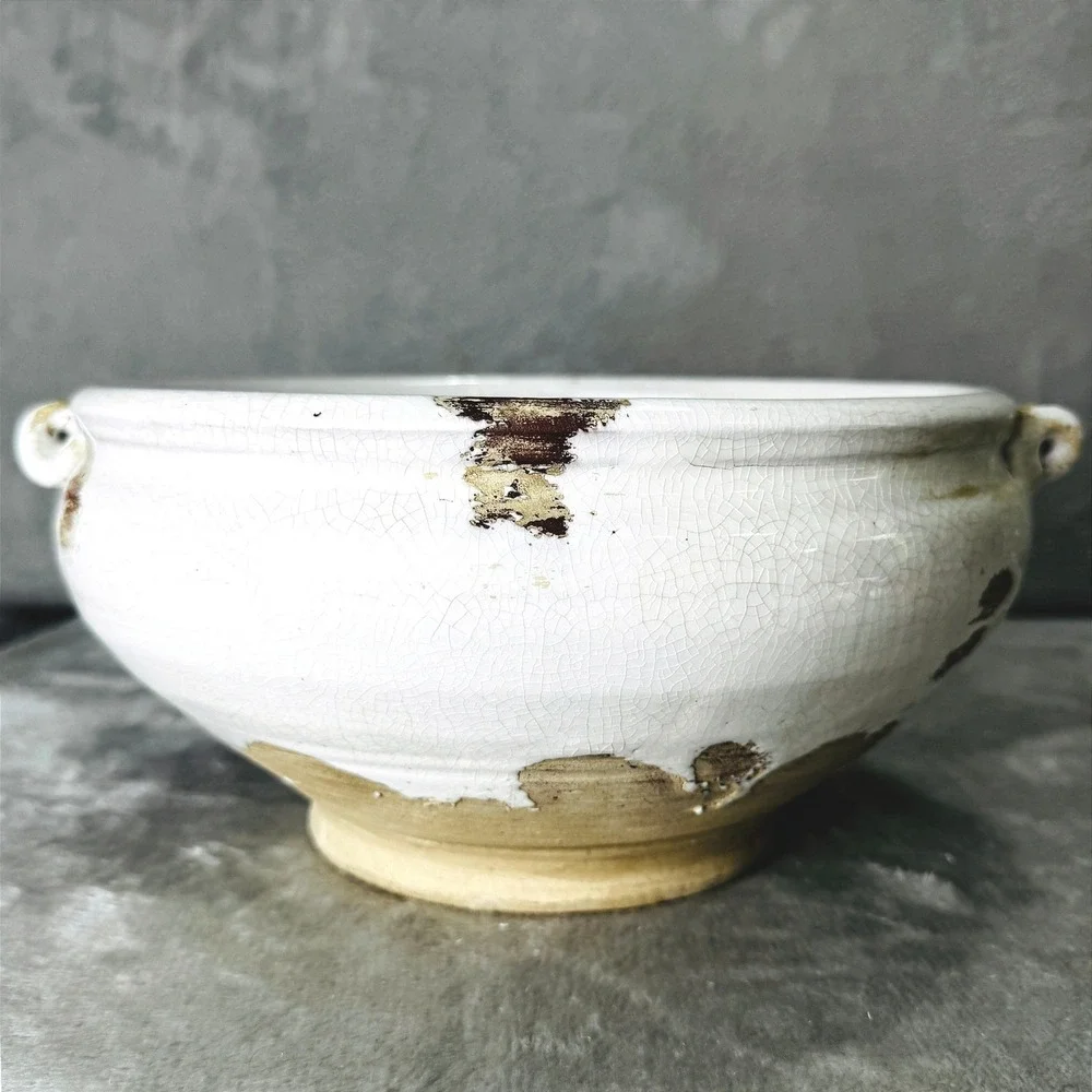 Rustic White Crackle Glaze Stoneware Bowl Planter Farmhouse Cottagecore Decor